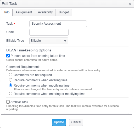 Timogix task editor with future-time and time-entry comment controls